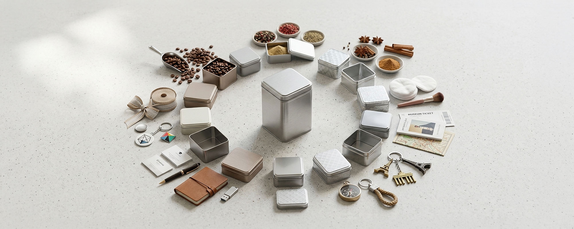 Verschiedene Metall-Dosen in unterschiedlichen Formen und Größen, kreisförmig angeordnet; ergänzt durch Kaffee, Geschenkband und Verpackungszubehör als Inspiration für vielseitige Anwendungen.