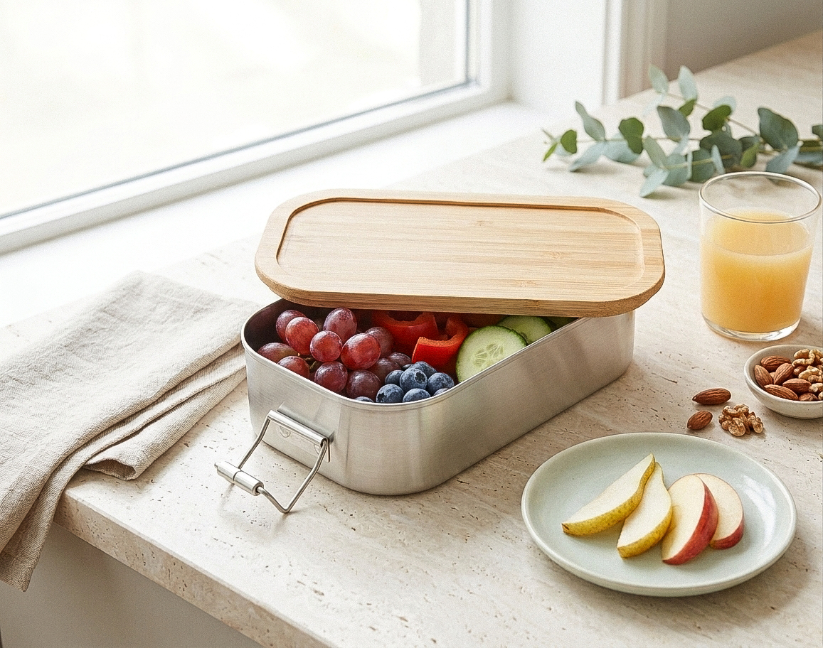 Lunchbox aus Edelstahl mit Bambusdeckel enthält eine Mahlzeit aus Obst und Gemüse. Daneben stehen ein Glas Saft, ein Teller mit Obst und eine Schale mit Nüssen auf einer Steinplatte.