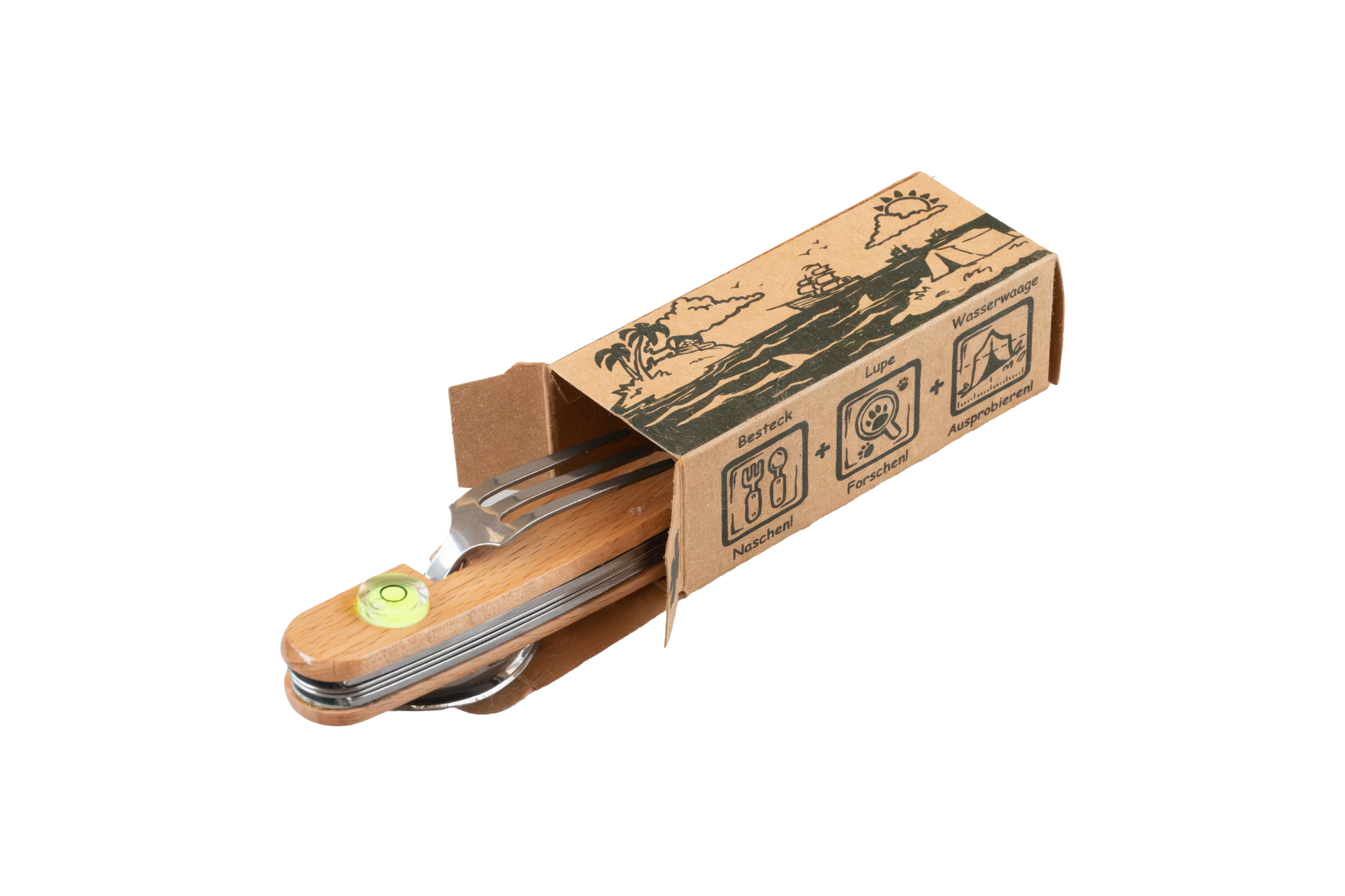 Kinder-Outdoor-Besteck in bedruckter Geschenkverpackung aus Kraftkarton