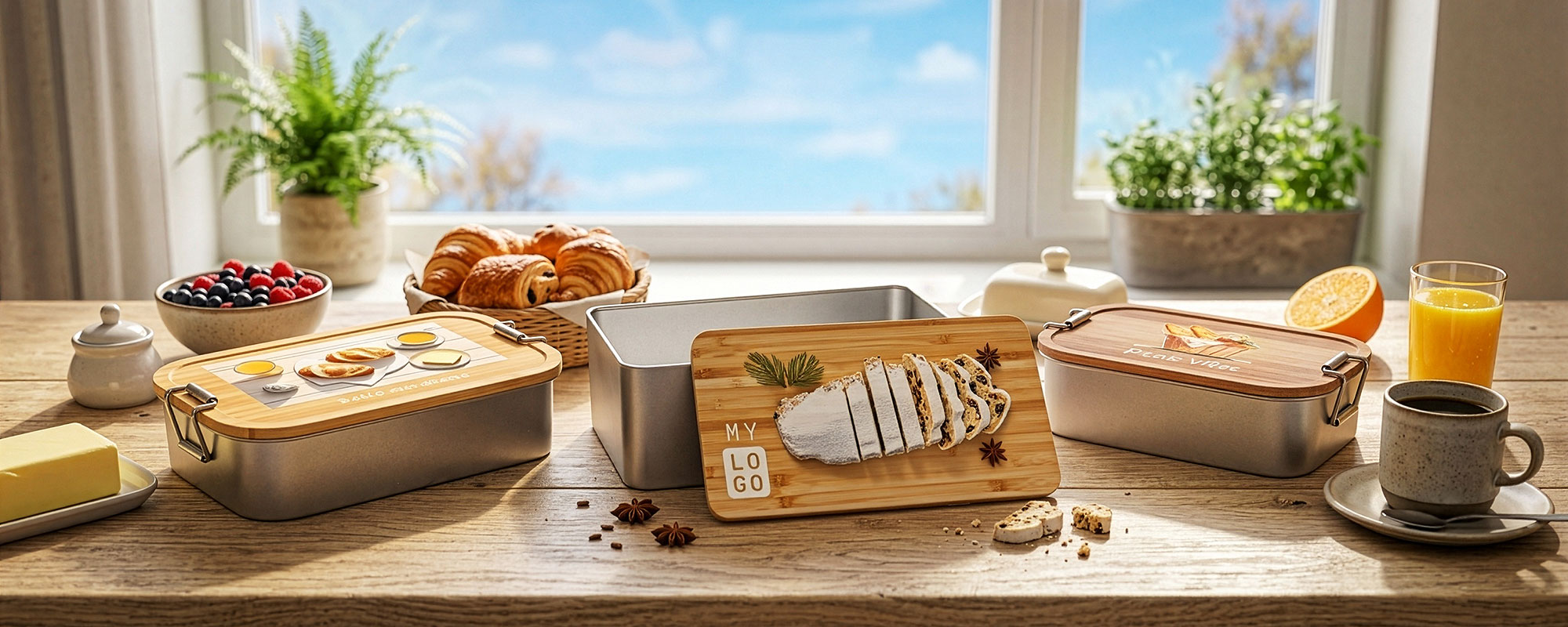 Edelstahl-Lunchboxen mit Holzdeckeln und hochwertigem Digitaldruck mit dekorativen Motiven beim Frühstück.