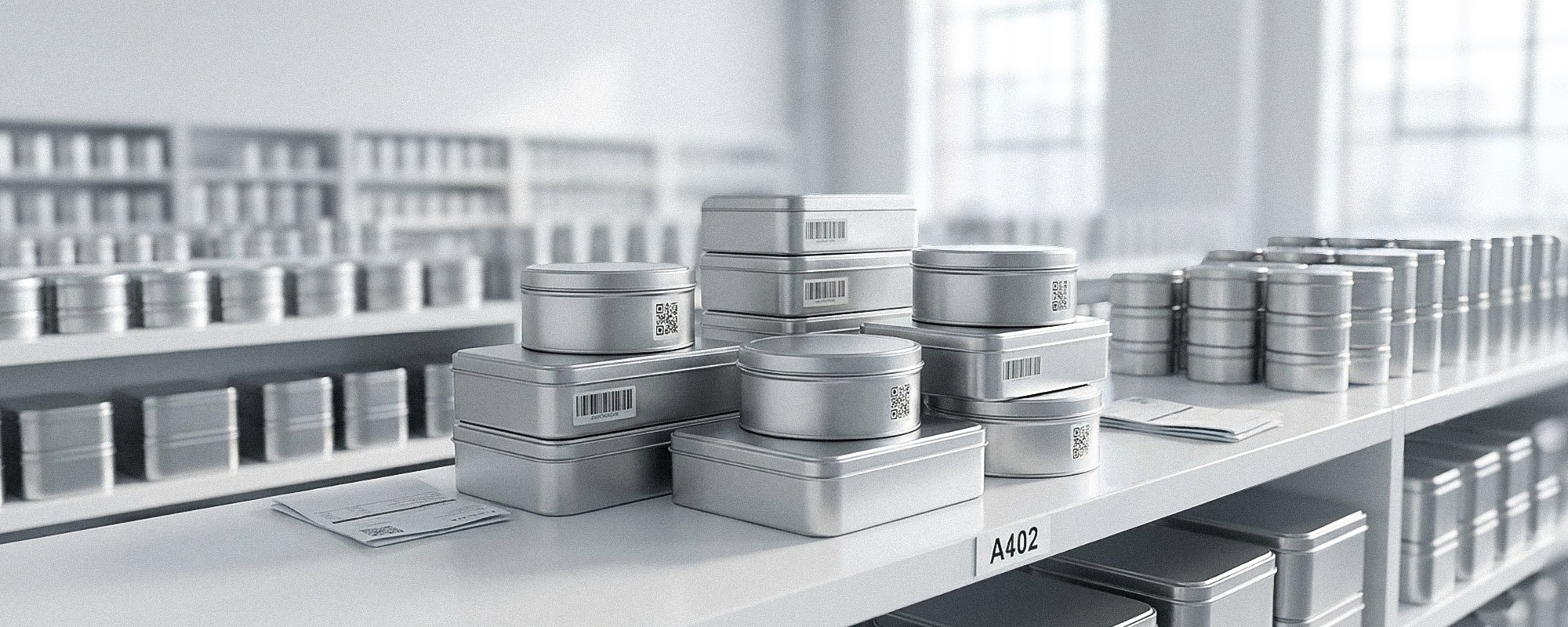 Lagerregale mit silbernen Metalldosen in verschiedenen Formen und Größen; organisierte Produktaufnahme mit Etiketten, QR-Codes und moderner Warenlagerung.