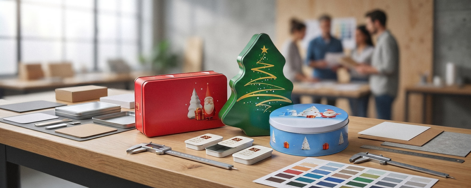 Weihnachtliche Metalldosen in verschiedenen Formen und Designs auf einem Schreibtisch mit Messwerkzeugen und Farbfächer im Hintergrund.