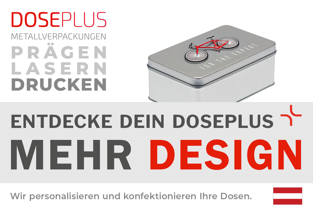 Doseplus silberne rechteckige Metalldose mit Aufdruck eines roten Fahrrads und dem Text „FOR THE EXPERT“. Text: „Metallverpackungen prägen, lasern, drucken – Entdecke dein Doseplus, mehr Design“.