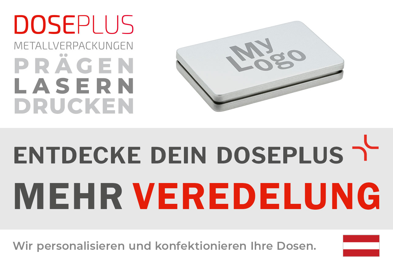 Doseplus DSE 001 Visitenkartendose aus Metall – Bannertext: Entdecke dein Doseplus, mehr Veredelung. Rechteckige silberne Metalldose mit Lasergravur für hochwertige Markenpräsentation.