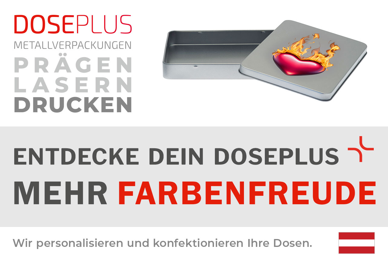 Doseplus DIN A6 Maxi Metalldose – Bannertext: Entdecke dein Doseplus, mehr Farbenfreude. Rechteckige Dose aus Metall mit Druckoption für farbenfrohes Design und Markenveredelung.