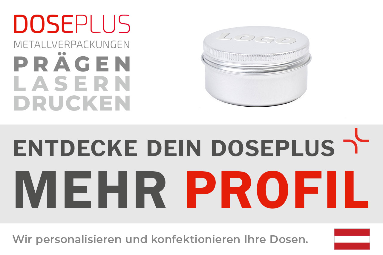Doseplus Aluminiumdose mit Schraubdeckel – Bannertext: Entdecke dein Doseplus, mehr Profil. Personalisierte Metallverpackungen, geprägt, gelasert, gedruckt.