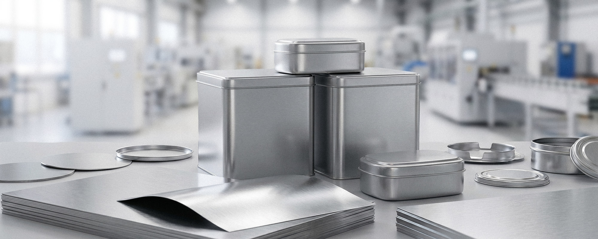 Metalldosen in verschiedenen Größen sowie Rohmaterial aus Aluminium und Weißblech für die Herstellung hochwertiger Verpackungslösungen; professionelle Produktaufnahme.