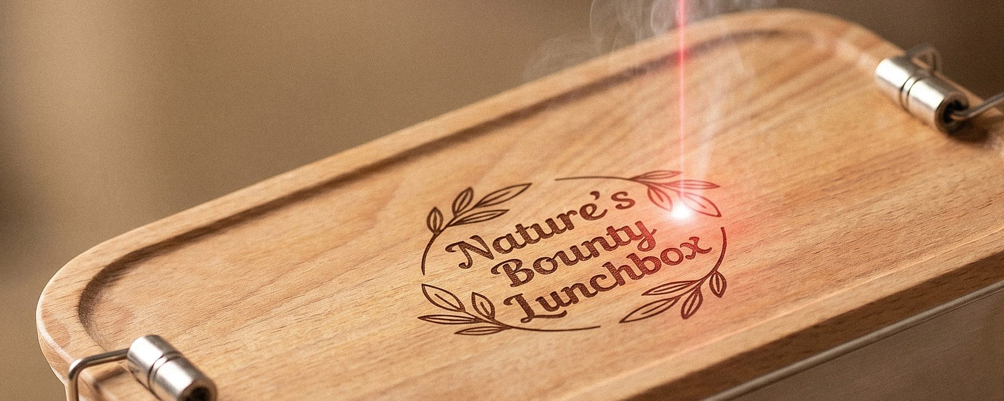Lasergravur auf einem Holzdeckel einer Lunchbox mit dekorativem Logo, Blattmuster und sichtbarer Holzmaserung während des Gravurprozesses.