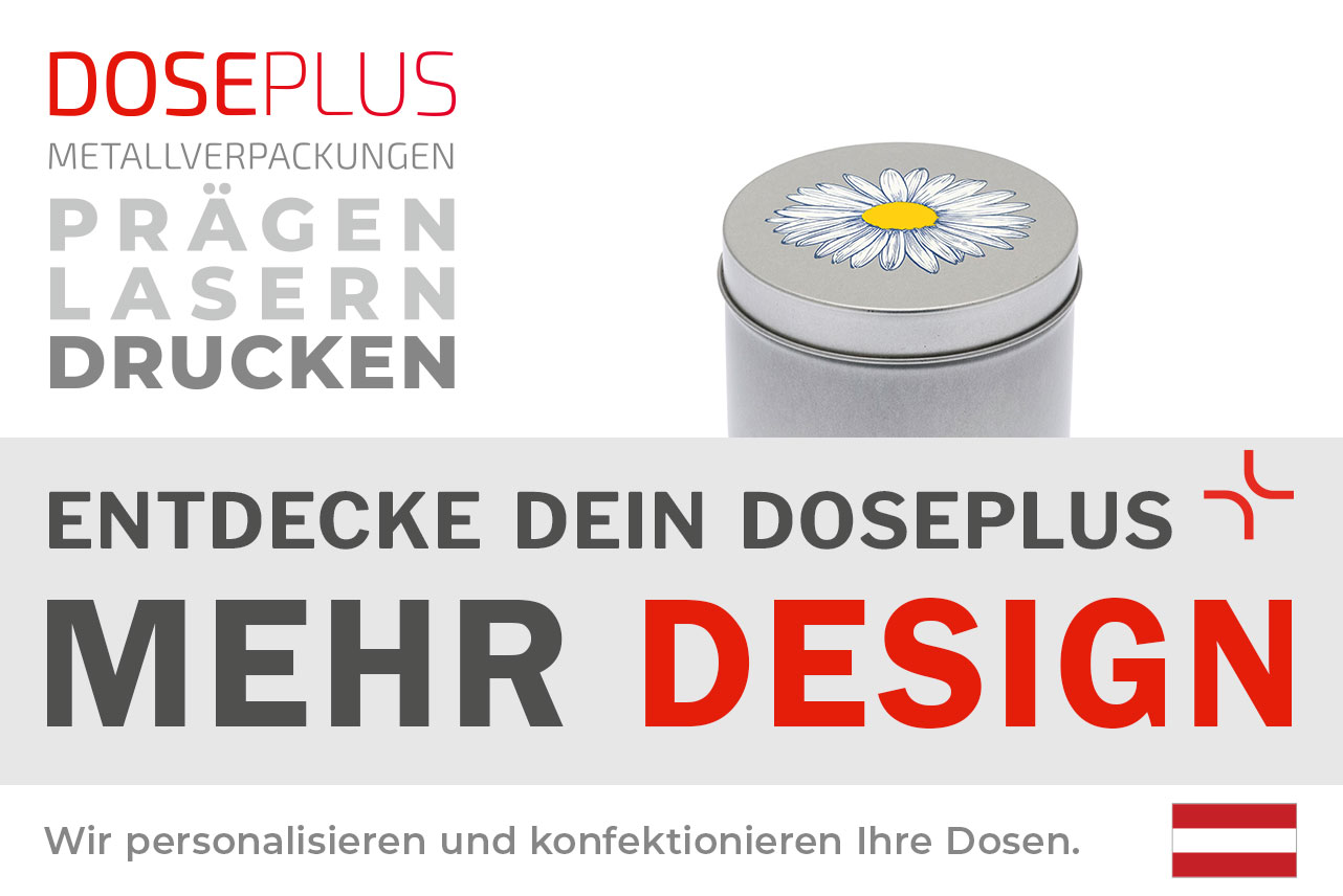 Doseplus runde silberne Metalldose mit farbigem Druck einer weißen Margerite auf dem Deckel. Text: „Metallverpackungen prägen, lasern, drucken – Entdecke dein Doseplus, mehr Design“.