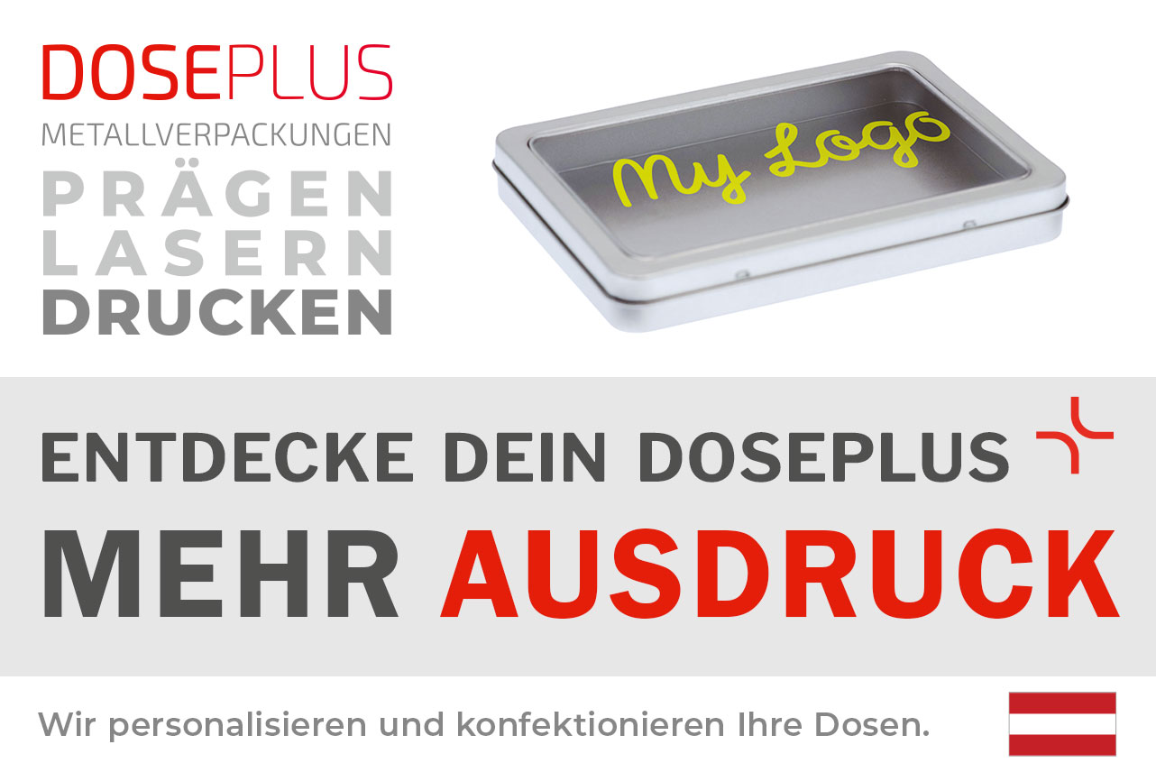 Doseplus DIN A6 Maxi View Metalldose mit Sichtfenster – Bannertext: Entdecke dein Doseplus, mehr Ausdruck. Edle rechteckige Dose mit klarem Deckel für individuelle Präsentation und Druckveredelung.