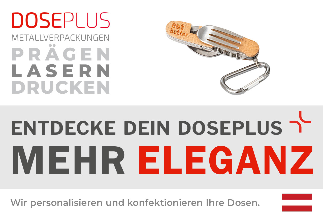 Outdoor-Multifunktionsbesteck aus Edelstahl mit Buchenholzgriff – Doseplus Branding-Banner: „Entdecke dein Doseplus – Mehr Eleganz“. Präsentation der Veredelungsoptionen Gravur, Druck und Prägung.