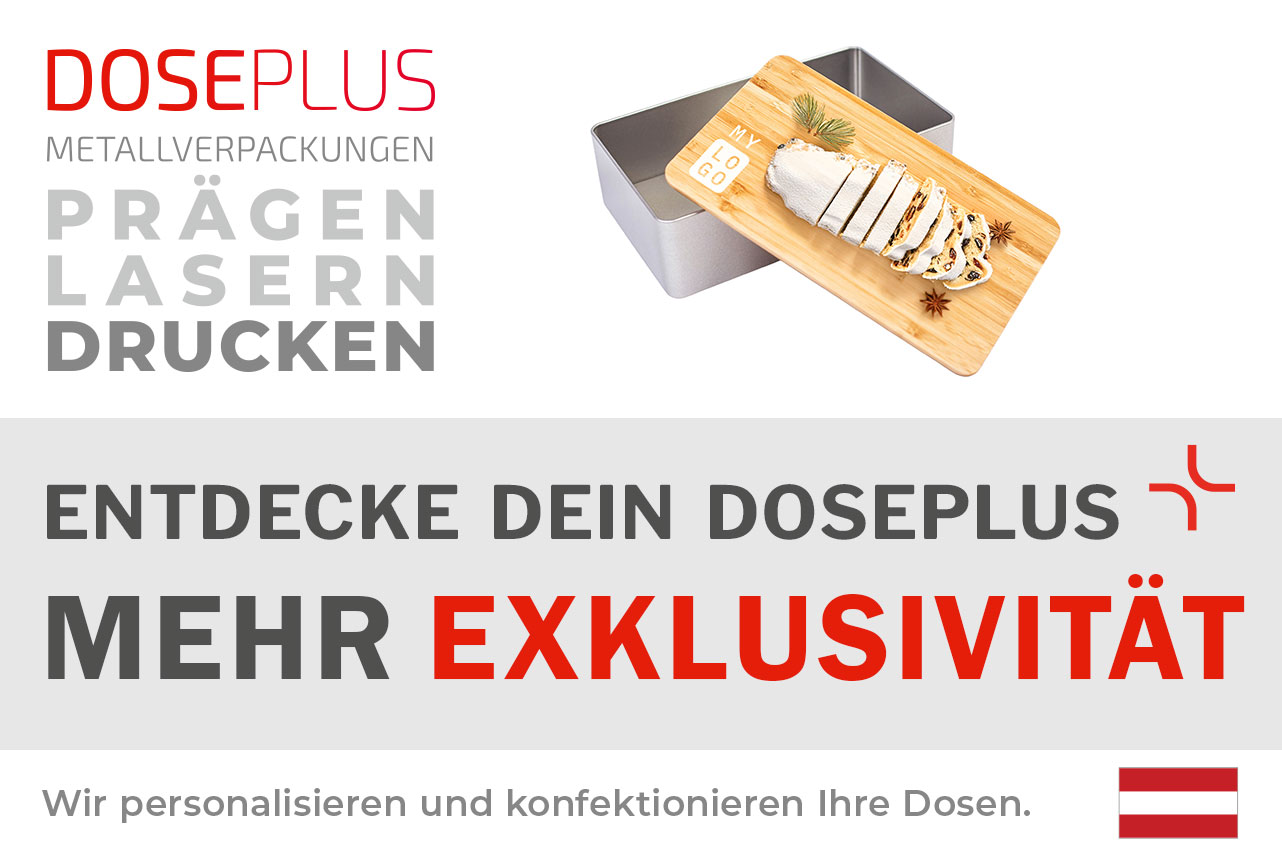 Rechteckige Stollendose DSE 031 von Doseplus mit Bambusdeckel – Banner: Entdecke dein Doseplus, mehr Exklusivität. Premium Vorratsdose aus Metall und Bambus.
