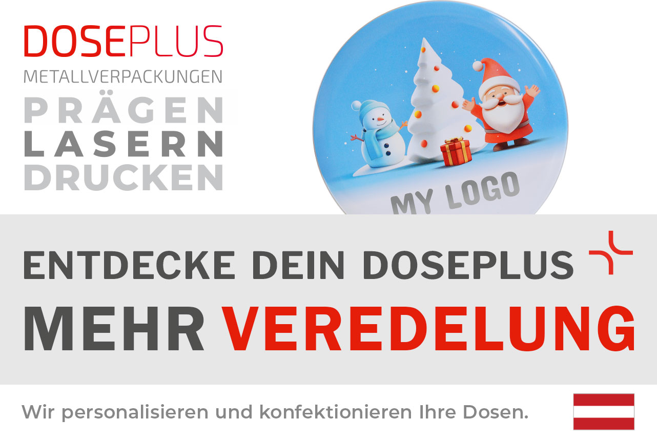 Doseplus WD 051 Runddose mit weihnachtlichem Druck und individualisierbarer Fläche – Banner: „Entdecke dein Doseplus – mehr Veredelung“. Perfekte Metallverpackung für Markenpräsentationen und Werbegeschenke.