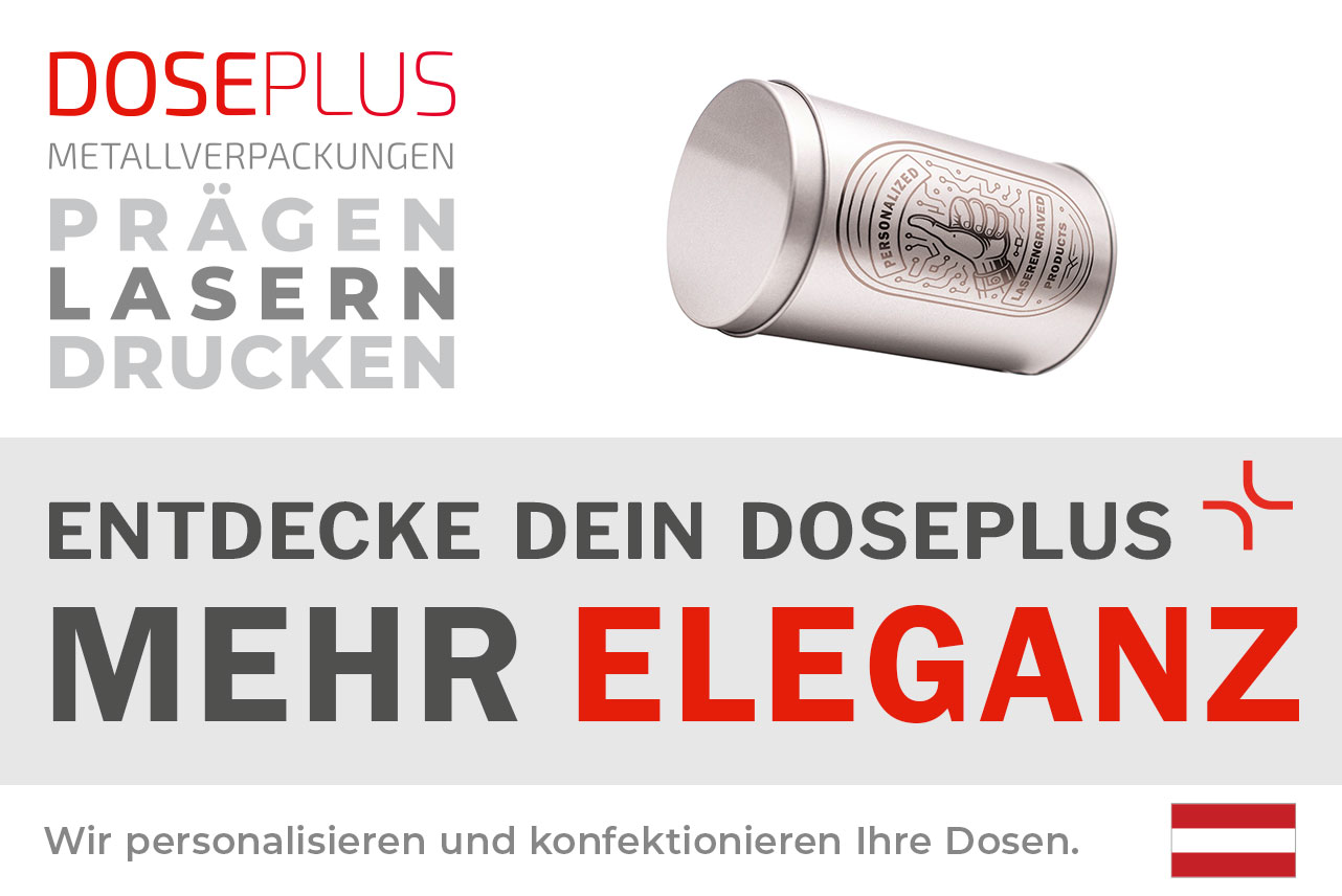 Doseplus runde Metalldose – Bannertext: Entdecke dein Doseplus, mehr Eleganz. Hochwertige Metalldose mit Gravur, Prägung und Druck für individuelle Gestaltung.