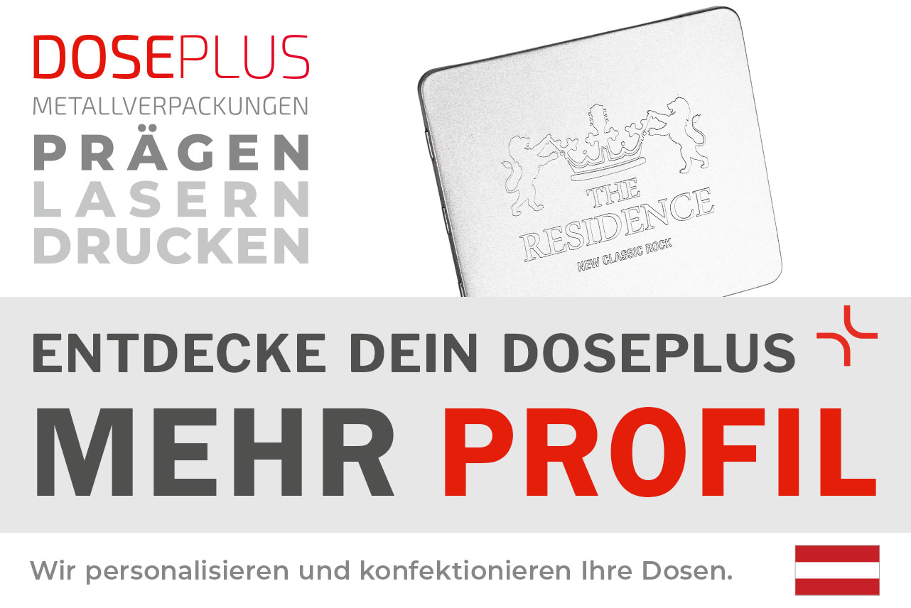 Doseplus rechteckige silberne Metalldose mit geprägtem Motiv aus Krone und zwei Löwen sowie Schriftzug „The Residence – New Classic Rock“. Text: „Metallverpackungen prägen, lasern, drucken – Entdecke dein Doseplus, mehr Profil“.