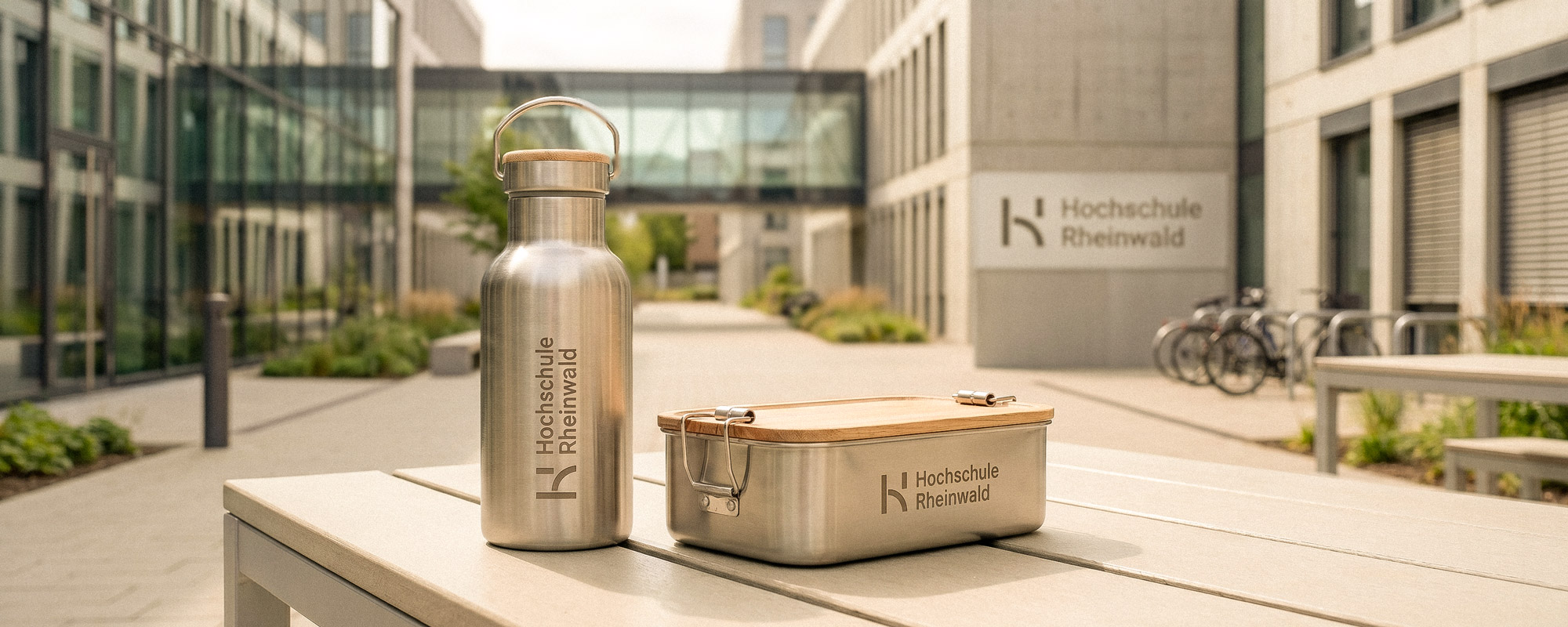 Edelstahl-Trinkflasche und Lunchbox mit Logo der Hochschule RheinWald auf einem Tisch im Innenhof des Campus