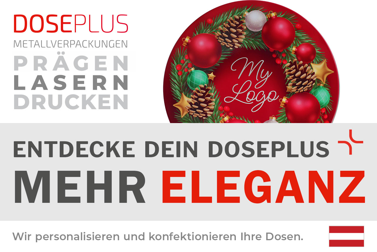 Doseplus WD 036 – runde Weihnachtsdose mit rotem Christkugel-Layout – Text: „Entdecke dein Doseplus – Mehr Eleganz“. Professionelle Verpackungsdose zur individuellen Veredelung im B2B-Bereich.