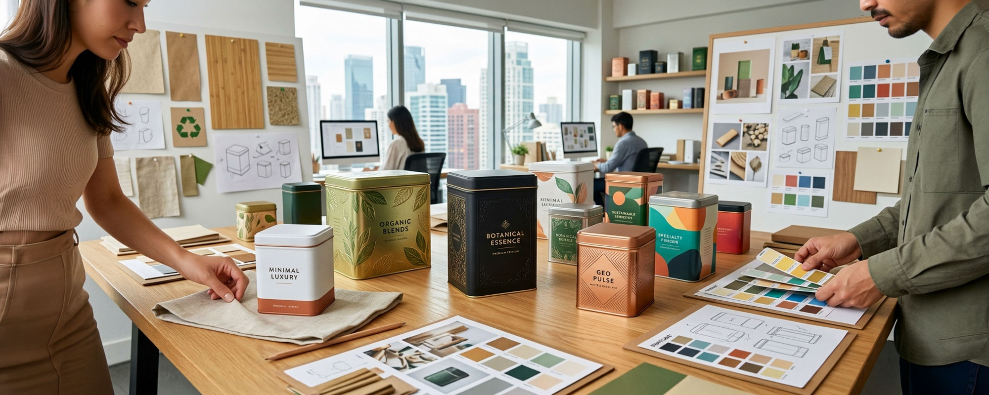 Premium-Metalldosen in verschiedenen Designs für Teeverpackungen auf einem Arbeitstisch; Farbpaletten, Materialmuster und Packaging-Entwürfe im Designstudio.