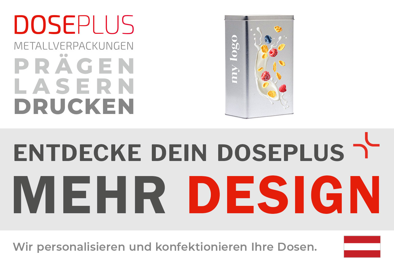 Rechteckige Scharnierdeckeldose aus Metall DSE 12.8.20 – Banner: Entdecke dein Doseplus – Mehr Design. Edle Vorratsdose für personalisierte Gestaltung und modernes Design.