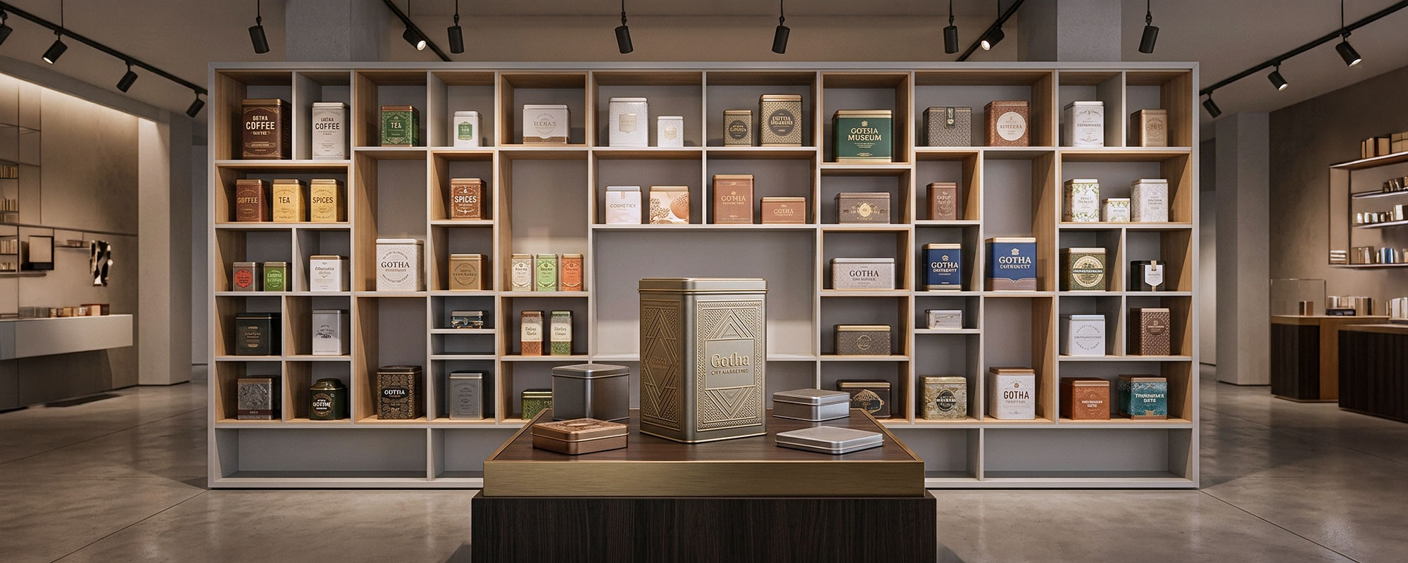 Moderne Präsentation hochwertiger Metalldosen in verschiedenen Größen, Farben und Designs als Referenz für Verpackungs- und Produktgestaltung.