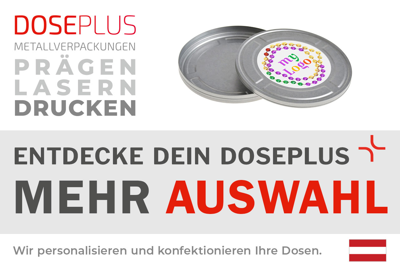 Runde Metall-Erinnerungsdose FD 020 von Doseplus, veredelbar mit Druck, Gravur und Prägung. Bannertext: „Entdecke dein Doseplus – mehr Auswahl“. Ideal für personalisierte Verpackungslösungen.