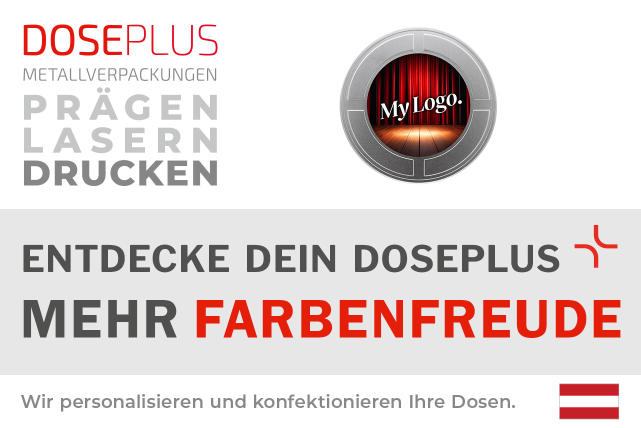 Filmdose FD 010 von Doseplus mit winterlichem Motiv; Banner mit dem Text „Entdecke dein Doseplus – mehr Farbenfreude“ und Hinweis auf Personalisierung durch Druck, Gravur und Prägung.